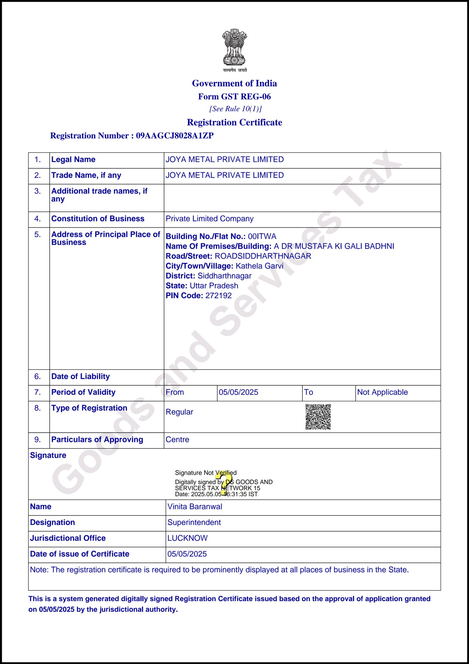 Registration Certificate